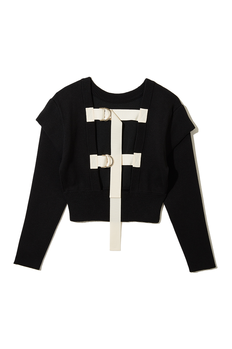 Belted Cap Sleeve Knit Top 詳細画像 Black 1