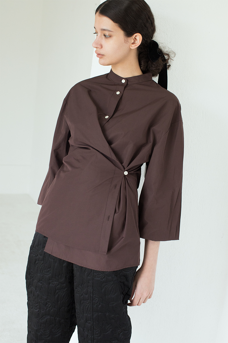 Pleats Sleeve Nocollar Shirts 詳細画像 Brown 1