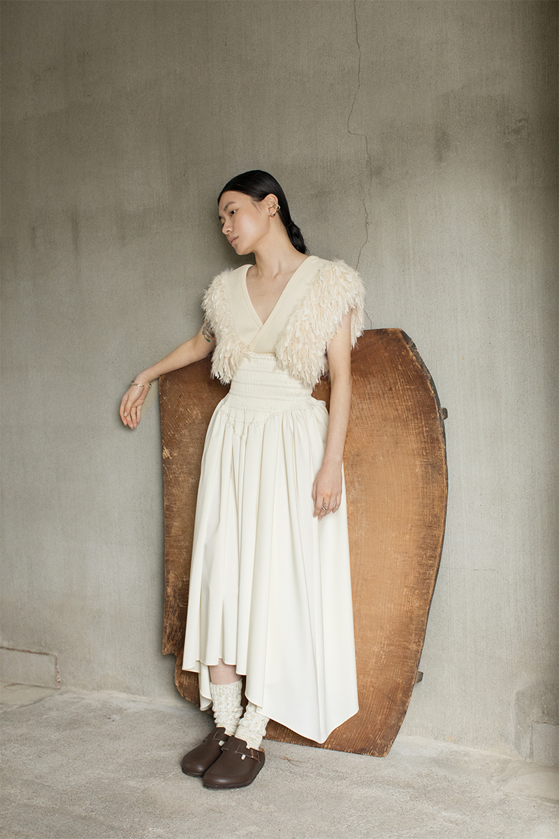 Asymmetric Gathered Midi Skirt 詳細画像 White 1