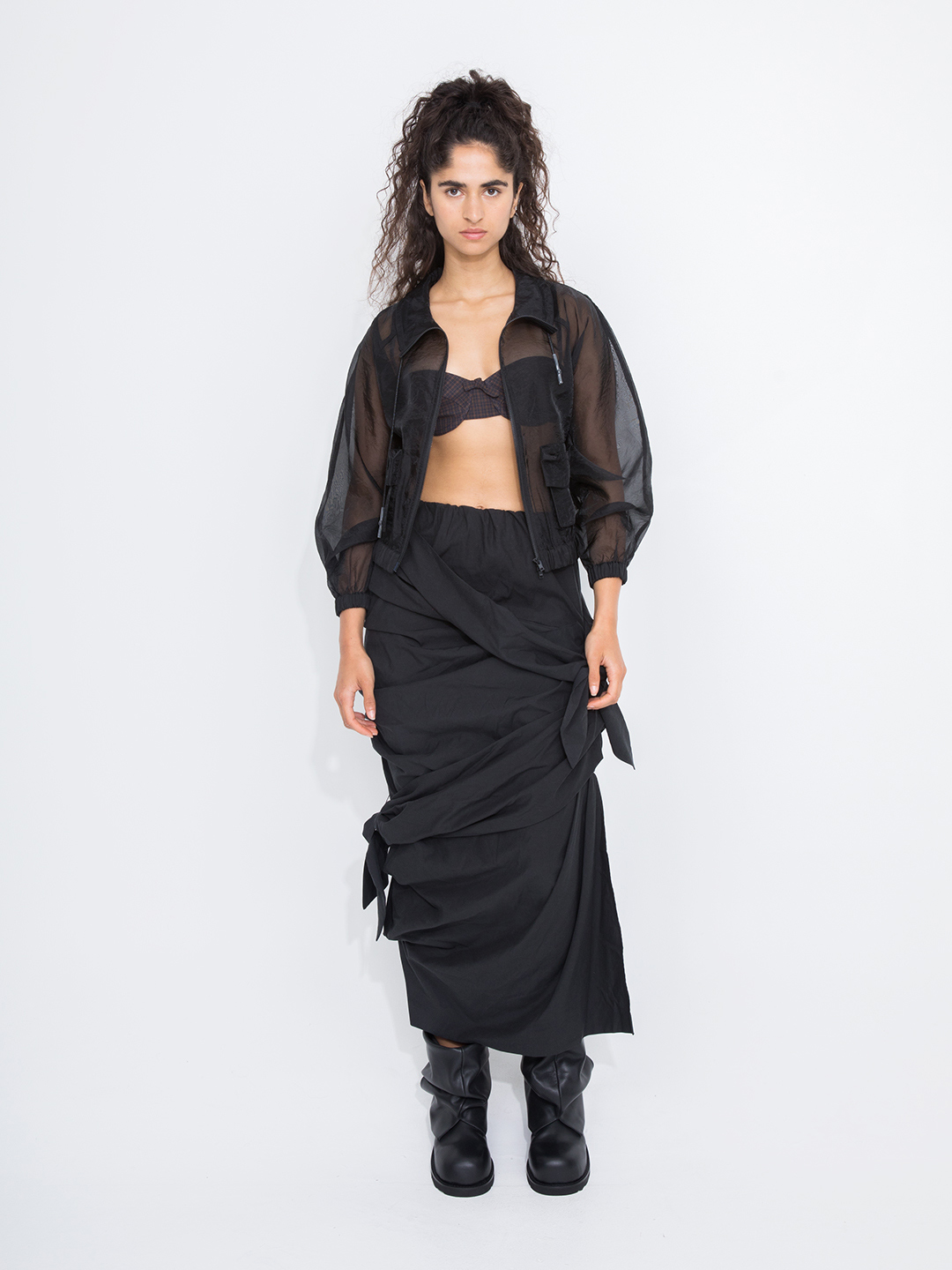 Ribbon Tie Cotton Skirt 詳細画像 Black 2