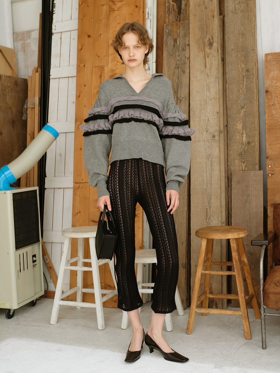 Textured Ruffle Sleeve Polo 詳細画像 Gray 4