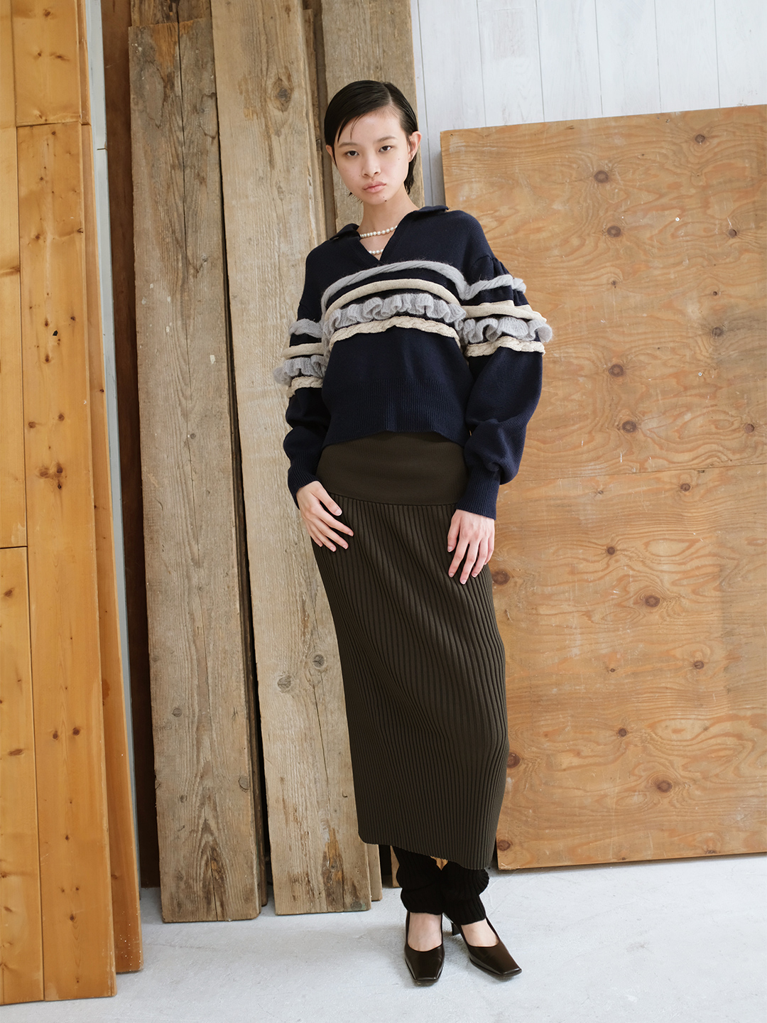 Textured Ruffle Sleeve Polo 詳細画像 Navy 2