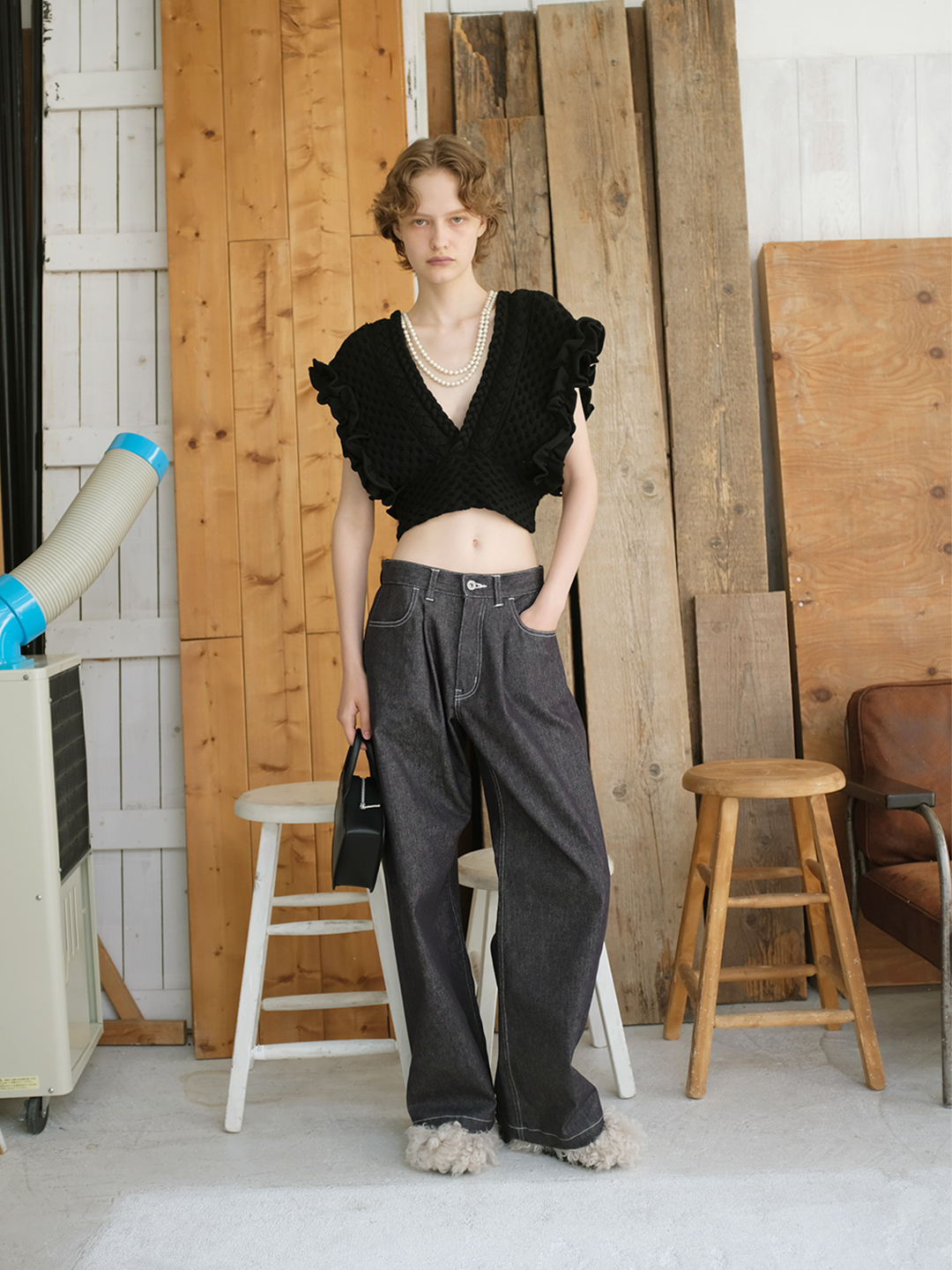 Denim Tucked Trousers 詳細画像 Black 4