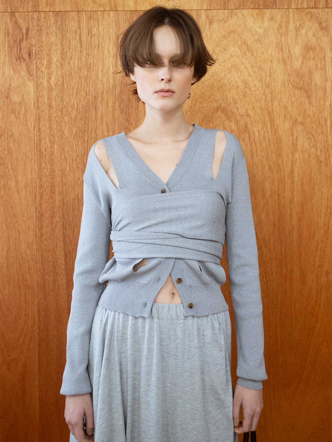 Ribbon Tie Dry-touch Cardigan 詳細画像 Gray 2