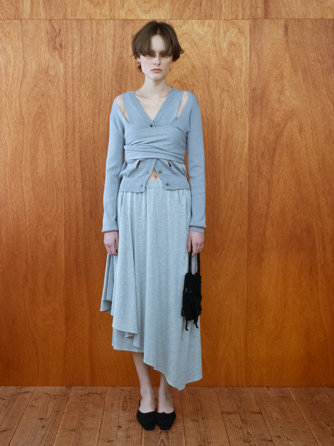 Ribbon Tie Dry-touch Cardigan 詳細画像 Gray 3