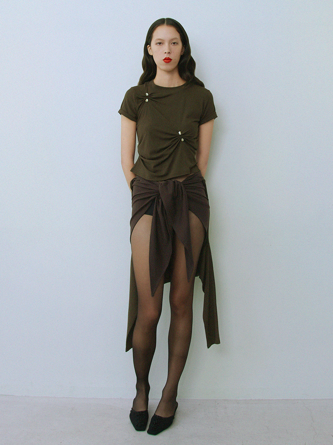 Stone Pinched Lyocel Tee 詳細画像 Brown 2